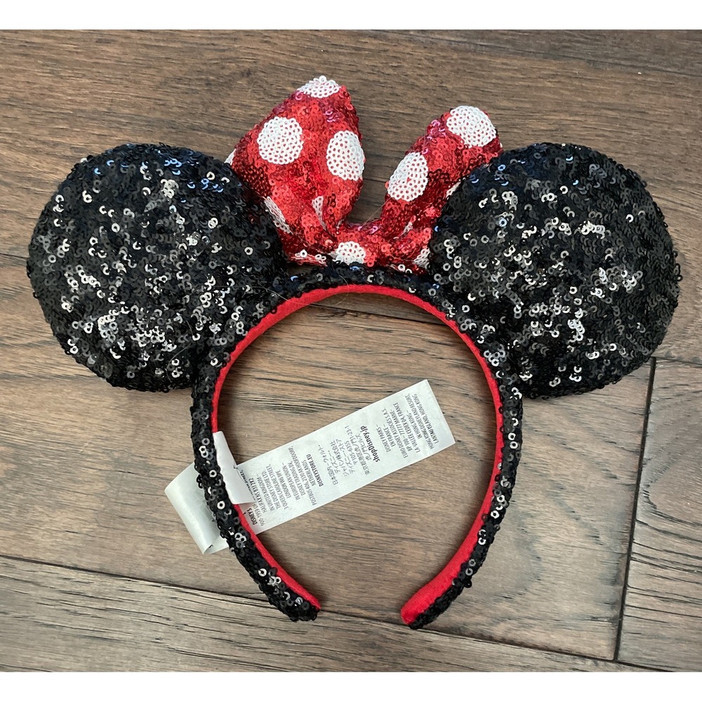 Disney Parks Red Bow Black & White Sequin Polka Dot Minnie Ears Headband
